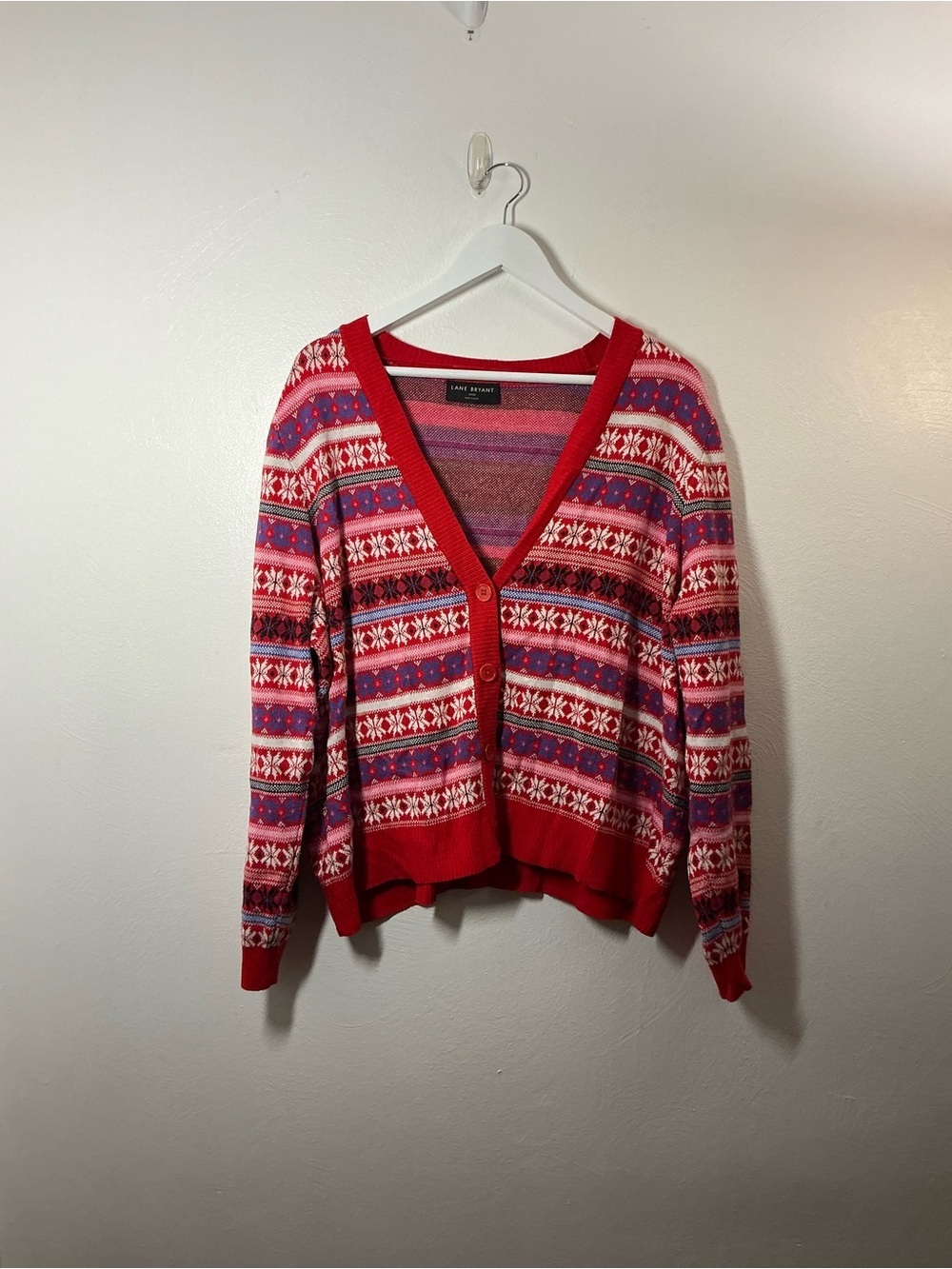Lane Bryant Red Patterned Fair Isle V-Neck Cardigan Size 18/20